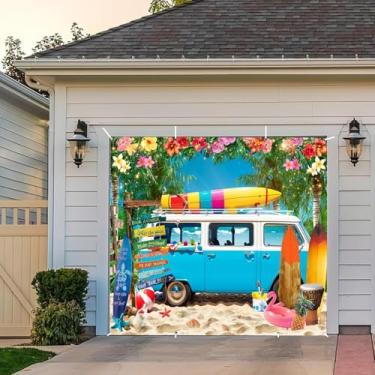 Imagem de Capa de faixa de porta de garagem de praia 2,1 x 2,4 m verão havaiano tropical litorâneo palmeiras prancha de surf Havaí Aloha Luau decorações de festa de surfe fundo sessão de fotos adereços de fotos