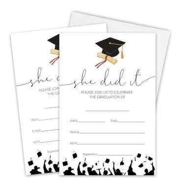 Imagem de EXW 20 peças cartões de convite de formatura - She Did It - 10 x 15 cm Convites de festa de graduação dupla face com envelopes - Universidade, faculdade, suprimentos de anúncio de celebração de