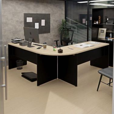 Imagem de Mesa Escrivaninha em L Canto Arredondado 140x60cm Carvalho/Preto