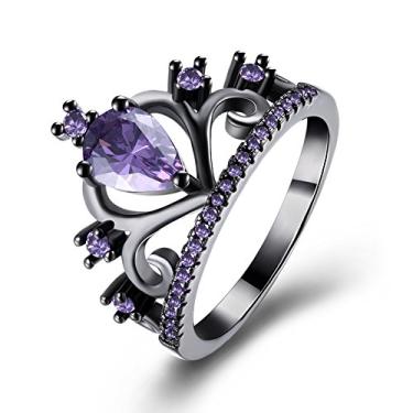 Imagem de WANGYUSHENG Aliança de casamento feminina banhada a ouro preto roxo ametista cúbica zircônia cúbica coroa princesa tiara anel de casamento, Metal