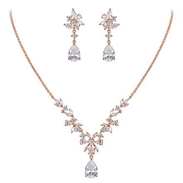 Imagem de EleQueen Conjunto de joias femininas para noivas, damas de honra, zircônia cúbica banhada a ouro 14 quilates, colar com pingente de lágrima, conjunto de pulseiras para festas e formaturas, Zircônia cúbica, Zircônia cúbica