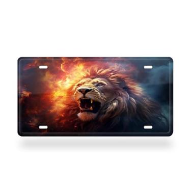 Imagem de Linda capa de placa de carro com pintura de leão de juba dourada - etiqueta de carro artística de alumínio, à prova de ferrugem, design exclusivo - 15 x 30 cm