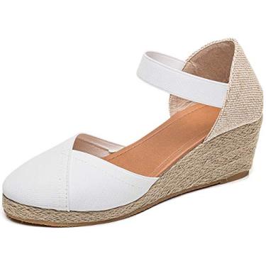 Imagem de U-lite Sandália feminina de 7,6 cm com tira elástica no tornozelo, bico redondo, fechada, alpargatas, salto cunha, Branco, 37