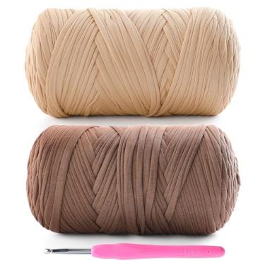 Imagem de Pacote com 2 fios de camiseta para crochê - 800 g/260 m camiseta de tecido elástico macio para sacos de crochê, cestos, decoração de casa com 1 gancho de crochê (2, cáqui + café)