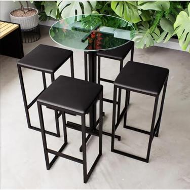 Imagem de Conjunto Mesa Alta Bar Bistrô Redonda Vidro 4 Bancos Estofado Industrial Black (Preto)