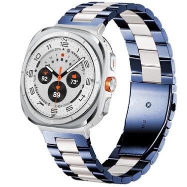 Imagem de SPINYE Pulseiras de relógio compatíveis com Samsung Galaxy Watch Ultra de 47 mm, pulseira de metal de aço inoxidável sólido para Galaxy Watch 7 Ultra de 47 mm (2024) feminino e masculino, azul/prata