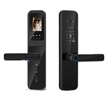Imagem de Fechadura de porta inteligente eletrônica digital WiFi com câmera biométrica impressão digital cartão inteligente senha desbloqueio de chave (cor: 240 x 22 (5050), tamanho: preto)