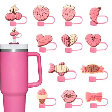 Imagem de 12 capas de palha de frutas com 10 mm de diâmetro projetadas para Stanley. Capa de canudo de silicone para crianças, meninas, mulheres, xícara de café e garrafa de água. Os topos de palha são à prova