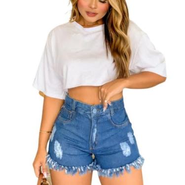 Imagem de Short Jeans Feminino Cós Alto Hot Pants Barra Desfiada Detalhes Detona