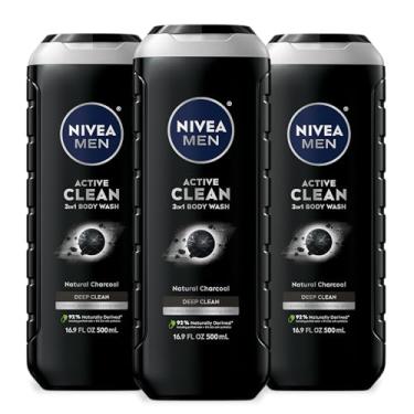 Imagem de Nivea Men DEEP Active Clean Charcoal Body Wash, Cleansing Body Wash with Natural Charcoal, 3 Pack of 16.9 Fl Oz Bottles