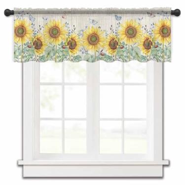 Imagem de Cortinas transparentes para janelas de cozinha, sanefas de janela de borboleta de girassol de verão, vintage para tratamento de janela transparente para cozinha, quarto/banheiro (137 x 45 cm)