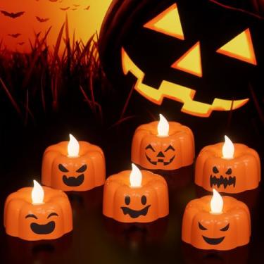 Imagem de Eldnacele Luzes de abóbora de Halloween, velas sem chama, temporizador de 6H, funciona com pilhas, luz de LED cintilante, velas de tealights de outono, velas assustadoras, decoração de Halloween em