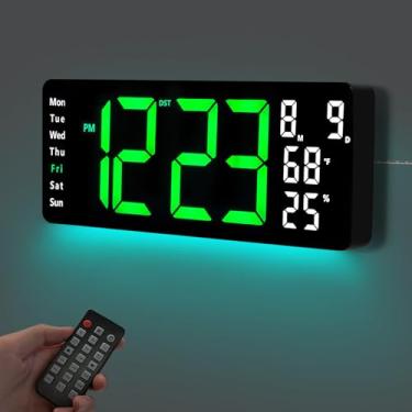 Imagem de TIMESS Relógio de parede digital grande de 44,6 cm com controle remoto em cor RGB, tela LED grande com luzes noturnas, horário de verão automático, data semana, umidade, temperatura para sala de