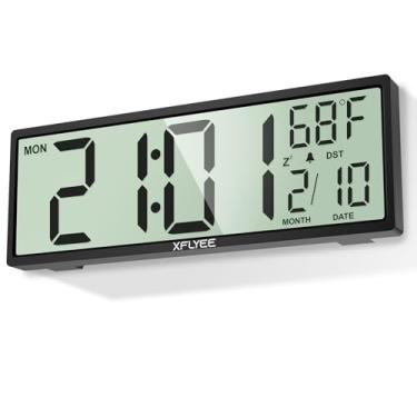 Imagem de Xflyee Relógio de parede digital grande de 35 cm operado por bateria com números jumbo, horário de verão, dia, data, alarme, temperatura para sala de estar, quarto, decoração de mesa, presente, tela
