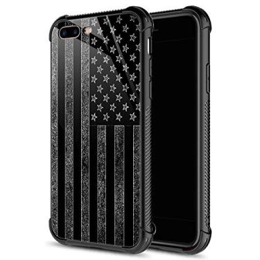 Imagem de Capa para iPhone 8 Plus, capa DRX1020-8P01 para iPhone 7 Plus, traseira de vidro temperado + capa protetora de TPU de silicone macio para Apple iPhone 7/8 Plus, iPhone 7/8/SE2, Black and White American Flag