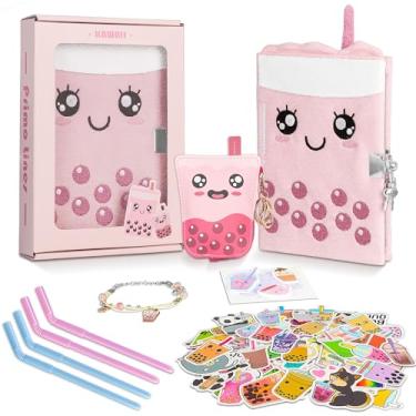 Imagem de Gift Kit for Girls,Personalized Journal with Lock and Key,Boba Tea Plush Diary for Teen Girls,fuzzy diary Kawaii Birthday Gift Set for Toddler with Purse,Bracelet,4 Straws Pens,Post-it Note,Sticker