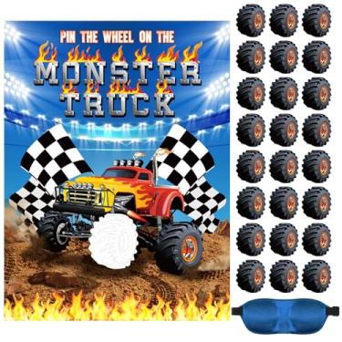 Imagem de Faccito Monster Truck Jogos de aniversário Pin The Wheels on The Monster Truck Pôster grande com 24 adesivos de rodas e jogos de venda, carros Pin The Wheels, jogo para decorações de aniversário
