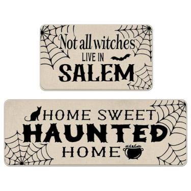 Imagem de Livcoz Conjunto de 2 tapetes de cozinha de Halloween, Farmhouse, Not All Witches Live in Salem, teia de aranha, decoração engraçada para casa, doce assombrada, tapete de porta - 43 x 73 cm e 43 x 128