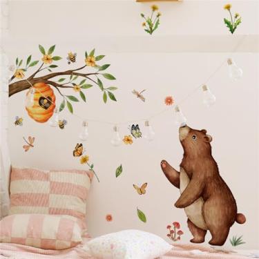 Imagem de Generic Adesivos De Parede Urso E Animal Da Selva - Galho Árvore Verde, Colmeia Abelhas, Descasque Cole, Decoração Para Berçário Bebês, Sala Estar Infantil, Quarto