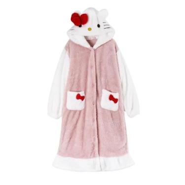 Imagem de Pijama Feminino De Lã Coral Rosa Hello Kitty, Roupão Quente De Inverno