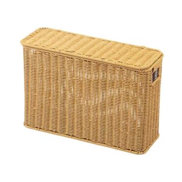 Imagem de Fenteer Organizador de cesta de vime imitação com tampa, prático e decorativo, cesto de armazenamento feito à mão para armário de mesa e diversos, L Yellow