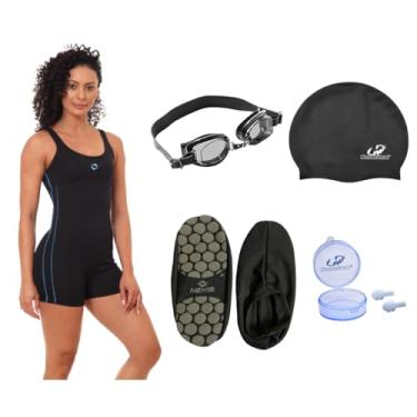 Imagem de Kit Natação Maiô Hidro Óculos + Touca + Protetor E Sapatilha Antiderrapante (Sapatilha Preto M - Óculos Preto, G)
