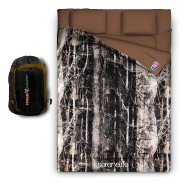 Imagem de SereneLife Saco de dormir duplo com travesseiros, impermeável e removível para 2 sacos individuais, leve e quente, perfeito para acampamento, caminhada, mochila e clima frio, adequado para