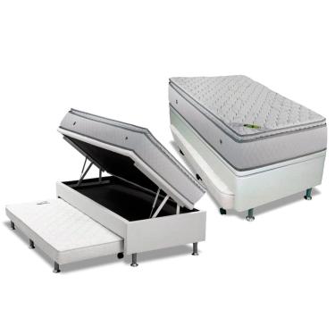 Imagem de Cama Box Baú c/ Auxiliar Solteiro: Colchão Molas Luckspuma Ensacadas Luck + Box CRC Courano Branco (88x188)