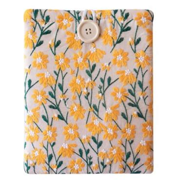 Imagem de Capa de tecido bordado para Kindle Oasis, iPad mini, Kobo Libra 2, Boox Leaf Z – Estojo acolchoado para tablets pequenos e e-Readers, personagem feito à mão - Margarida amarela e bege
