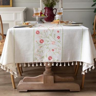 Imagem de KAIJIE Toalha de mesa retangular texturizada estilo rural toalha de mesa de algodão e linho bordado com decorações de borla para casa 100 x 160 cm
