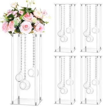 Imagem de Yerliker 4 conjuntos de vasos de flores de acrílico de 50 cm de altura, centros de mesa para casamento, suporte de flores com suporte de vela de globo de vela de vidro suspenso, fios de guirlanda de