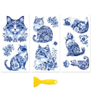 Imagem de Peacoblue Adesivo decalque de transferência para decoração de móveis artesanais 15 x 30 cm, textura de porcelana azul e branca, 3 peças à prova d'água UV DTF transferência para gaveta cômoda vidro