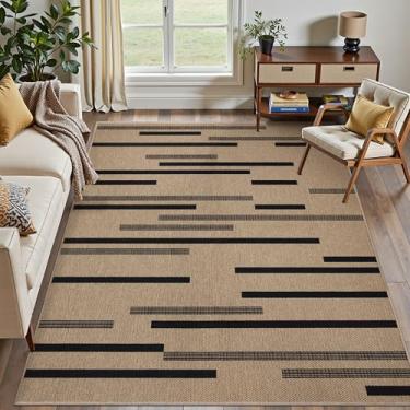 Imagem de Tangsoo Tapete de juta fácil com listras irregulares, 10 x 15 cm, fino, antiderrapante, interno, externo, preto, tapete lavável para varanda da frente, cozinha, quarto, hall de entrada