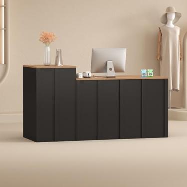 Imagem de DIHRVTHC Mesa de recepção moderna, balcão de caixa, mesa de recepção, recepção, mesa de recepção, mesa de recepção pequena para pequenos espaços, bar, loja, hotel, saguão (preto + madeira)