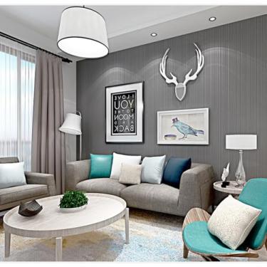 Imagem de Papel de parede moderno não tecido listrado vertical não autoadesivo cor sólida quarto sala de estar restaurante decoração papel de parede cinza escuro 53 * 950 cm