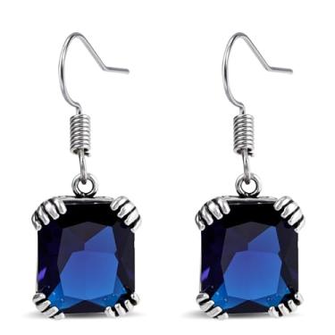 Imagem de Brincos geométricos pendentes de prata com pedra preciosa quadrada azul vermelha, joia de pedra do mês de setembro para presente, Aço inoxidável, Safira