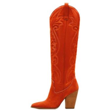 Imagem de WIRALOMI Botas femininas ocidentais na altura do joelho bordadas, salto grosso, botas caubói, bico fino, sem fecho, botas cowgirl, Camurça sintética vermelha, 34