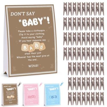 Imagem de Don't Say Baby Game, jogos de chá de bebê para meninas e meninos, 1 placa e 60 mini prendedores de roupa marrons, ideias de decoração de jogos de chuveiro