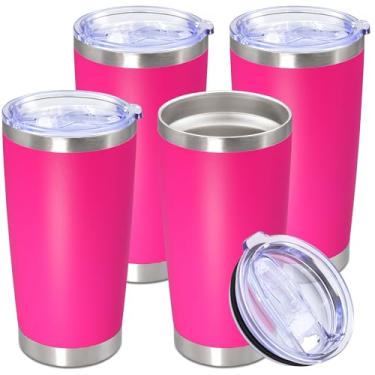 Imagem de Copo de aço inoxidável de 590 ml com tampa, caneca de viagem de parede dupla isolada a vácuo, durável, revestida em pó, caneca para bebidas quentes e frias, rosa choque, pacote com 4