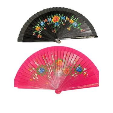 Imagem de CLGIFT Leque dobrável espanhol vintage floral com design de madeira de flor de lado duplo para decoração de festa de casamento e dança - ventilador de mão (preto e rosa)