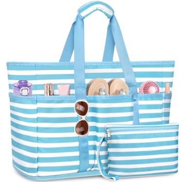Imagem de TEUEN Bolsa de praia grande com zíper, 12 bolsos, impermeável, à prova de areia, bolsa de praia feminina de malha para viagens de férias, Azul-claro, branco, One Size
