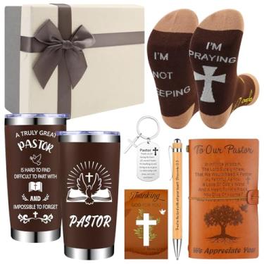 Imagem de Conjunto de 7 peças de presente de agradecimento de pastor para homens, 590 ml, copo de aço inoxidável, diário, canetas esferográficas de bambu, chaveiro de metal, cartões de padre, meias para Natal