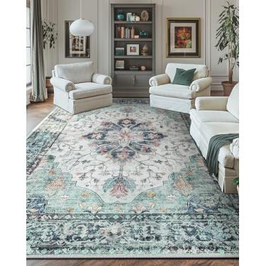 Imagem de RELEANY Tapetes de área 25 x 35 cm, lavável, antiderrapante, estampa floral, vintage, tapete medalhão para sala de estar, quarto, sala de jantar, verde, azul marinho, branco, vermelho, azul-petróleo