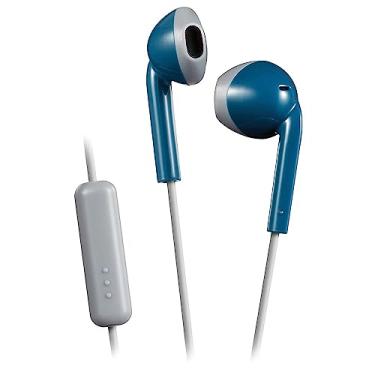 Imagem de JVC Fones de ouvido retrô à prova de suor e respingos azul e cinza com microfone e controle remoto HAF19MAH