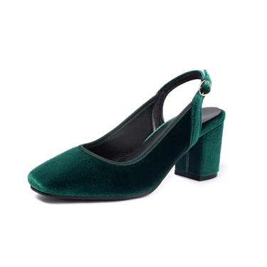 Imagem de PIVAPAM Sapatos femininos slingback salto grosso anos 1950 bico fechado Mary Jane sapatos sapatos de casamento preto verde veludo fivela tira plataforma larga sapatos vestido de casamento, Verde, 35
