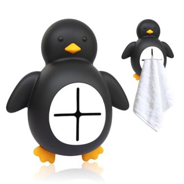 Imagem de WUUCKOO Ganchos de toalha de cozinha fofos pinguim para armário, gancho de toalha de mão adesivo engraçado para parede de banheiro, janela, geladeira, RV, máquina de lavar louça, cabide de pano de