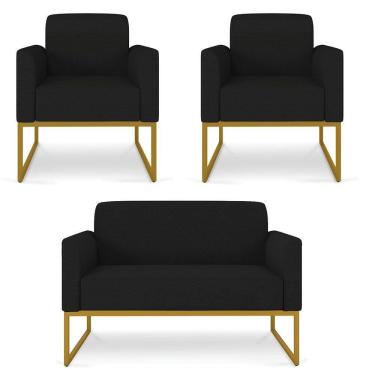 Imagem de Kit Namoradeira e 2 Poltronas Decorativas Base Industrial Dourada Maressa A79 Linho Preto - Ibiza