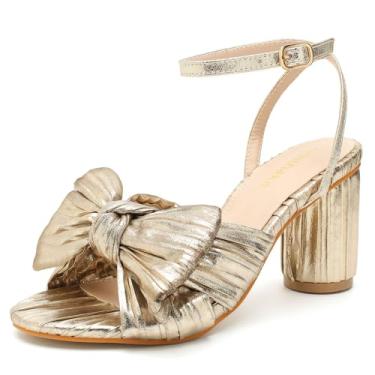 Imagem de omthaka Sandália feminina de salto com laço plissado, tira no tornozelo, salto grosso, vestido de festa de casamento, Dourado, 39