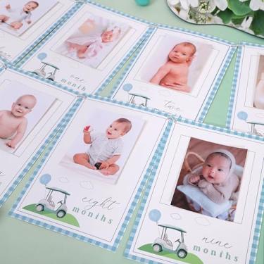 Imagem de Banner mensal com tema de golfe marco, borda azul guingão, cartões de memória do primeiro ano do bebê, 203 x 14 cm, exibição de imagem de 12 meses