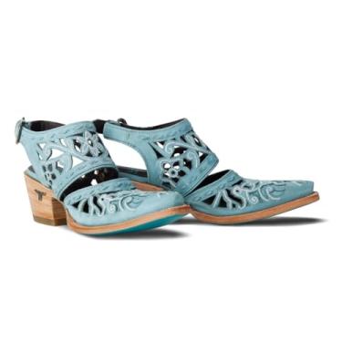 Imagem de Lane Robin Cutout Mules, couro azul claro, design floral estilo ocidental, salto de madeira empilhada, tira ajustável no tornozelo, Pó azul, 36